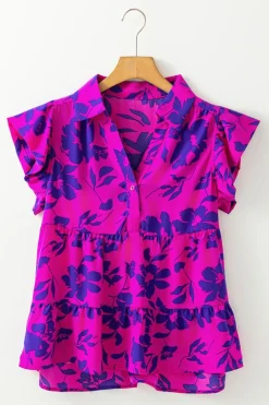 Hot Dear-Lover Floral Print Collared Button Neckline Flutter Sleeve Blouse Rose