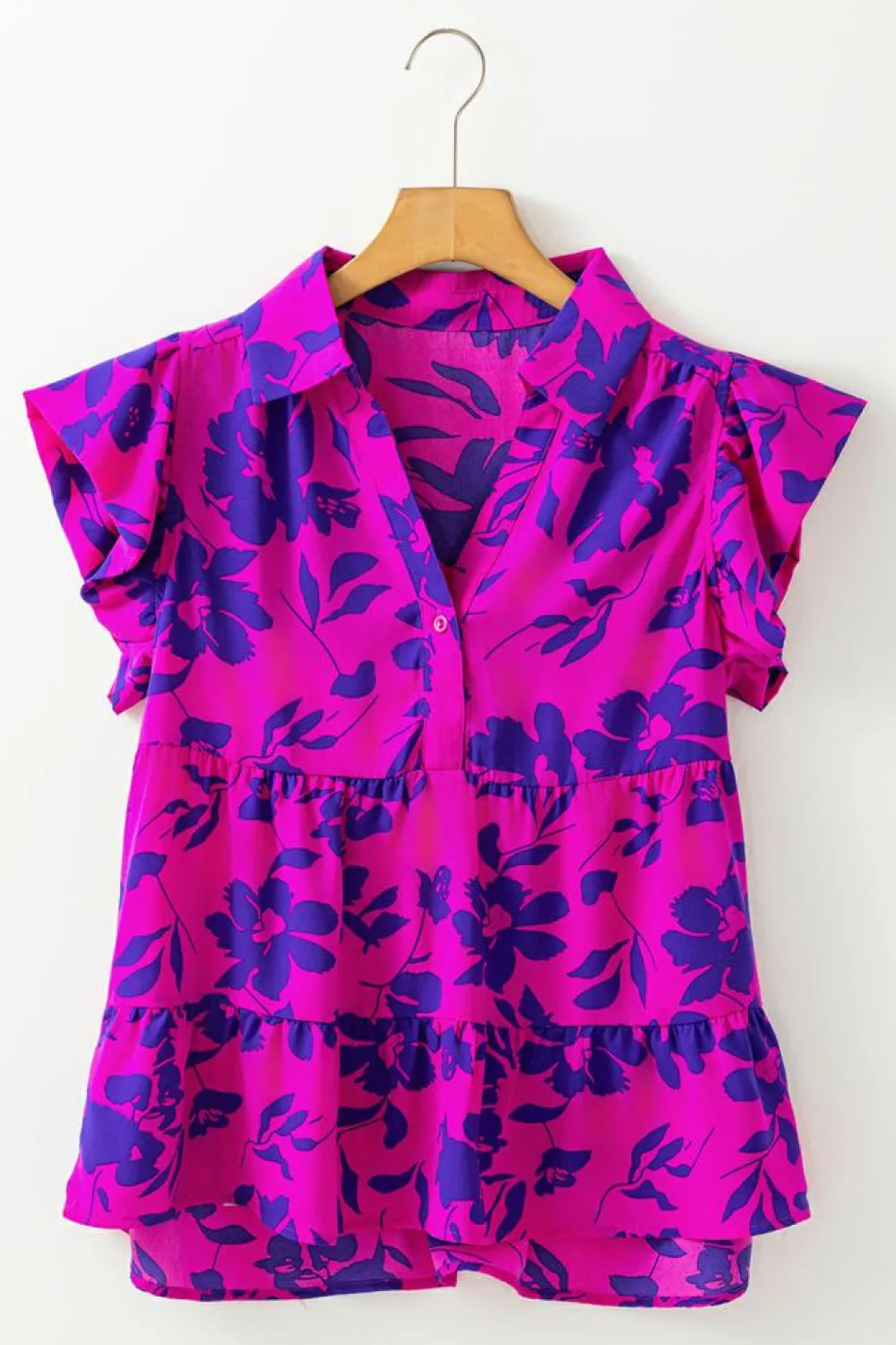 Hot Dear-Lover Floral Print Collared Button Neckline Flutter Sleeve Blouse Rose