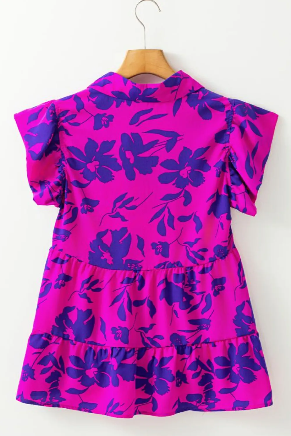 Hot Dear-Lover Floral Print Collared Button Neckline Flutter Sleeve Blouse Rose