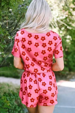 Fashion Dear-Lover Floral Print Crop Tee and Shorts Lounge Set Rose