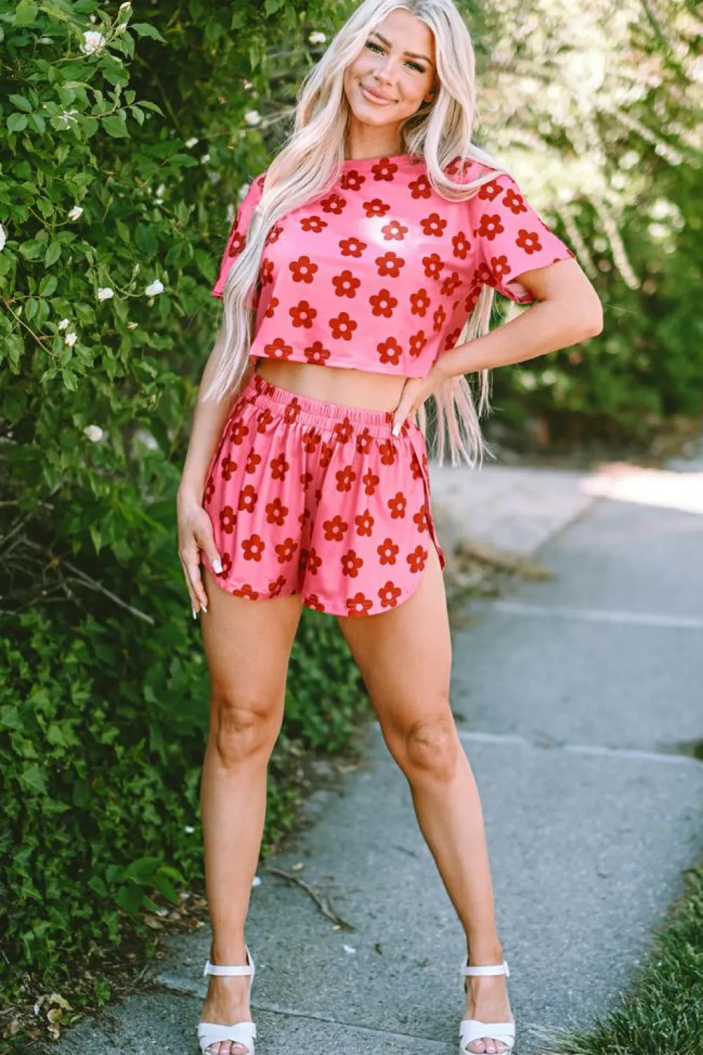 Fashion Dear-Lover Floral Print Crop Tee and Shorts Lounge Set Rose