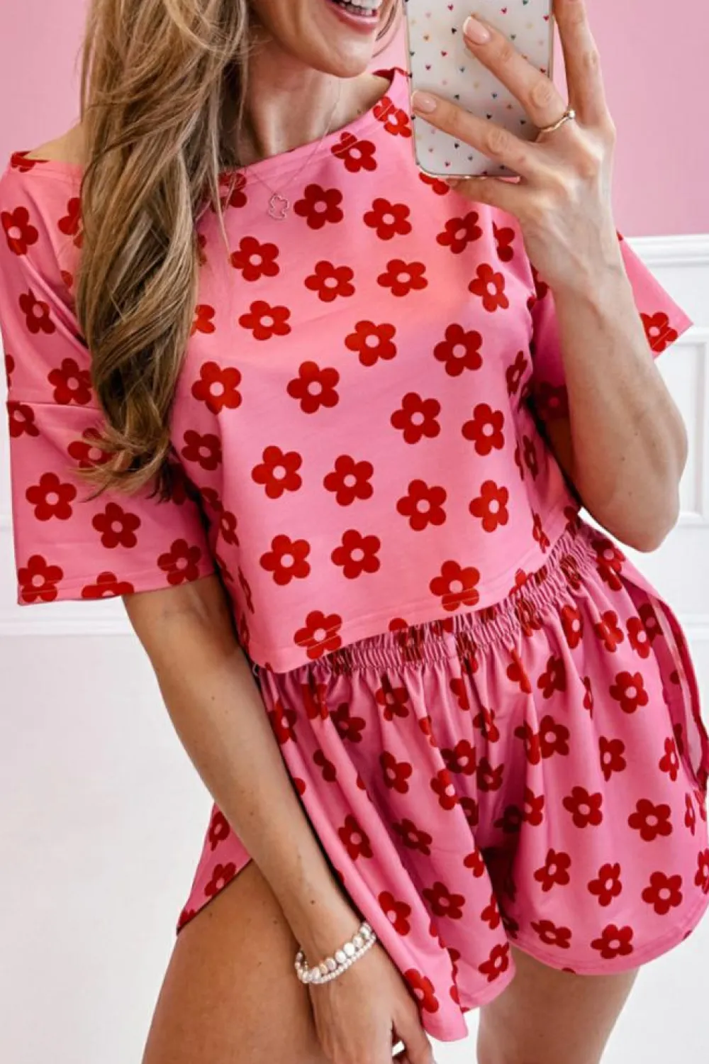 Fashion Dear-Lover Floral Print Crop Tee and Shorts Lounge Set Rose