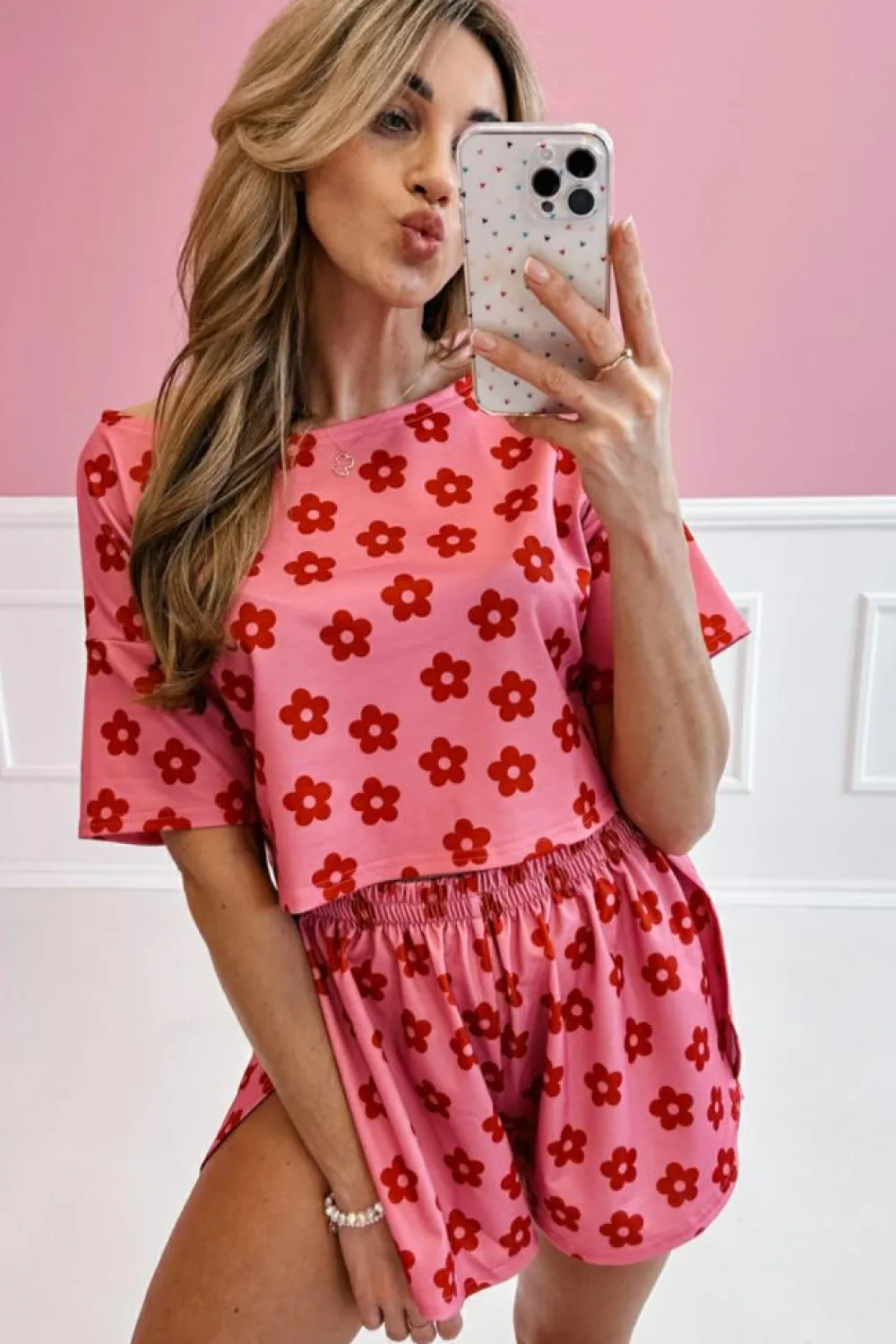 Fashion Dear-Lover Floral Print Crop Tee and Shorts Lounge Set Rose