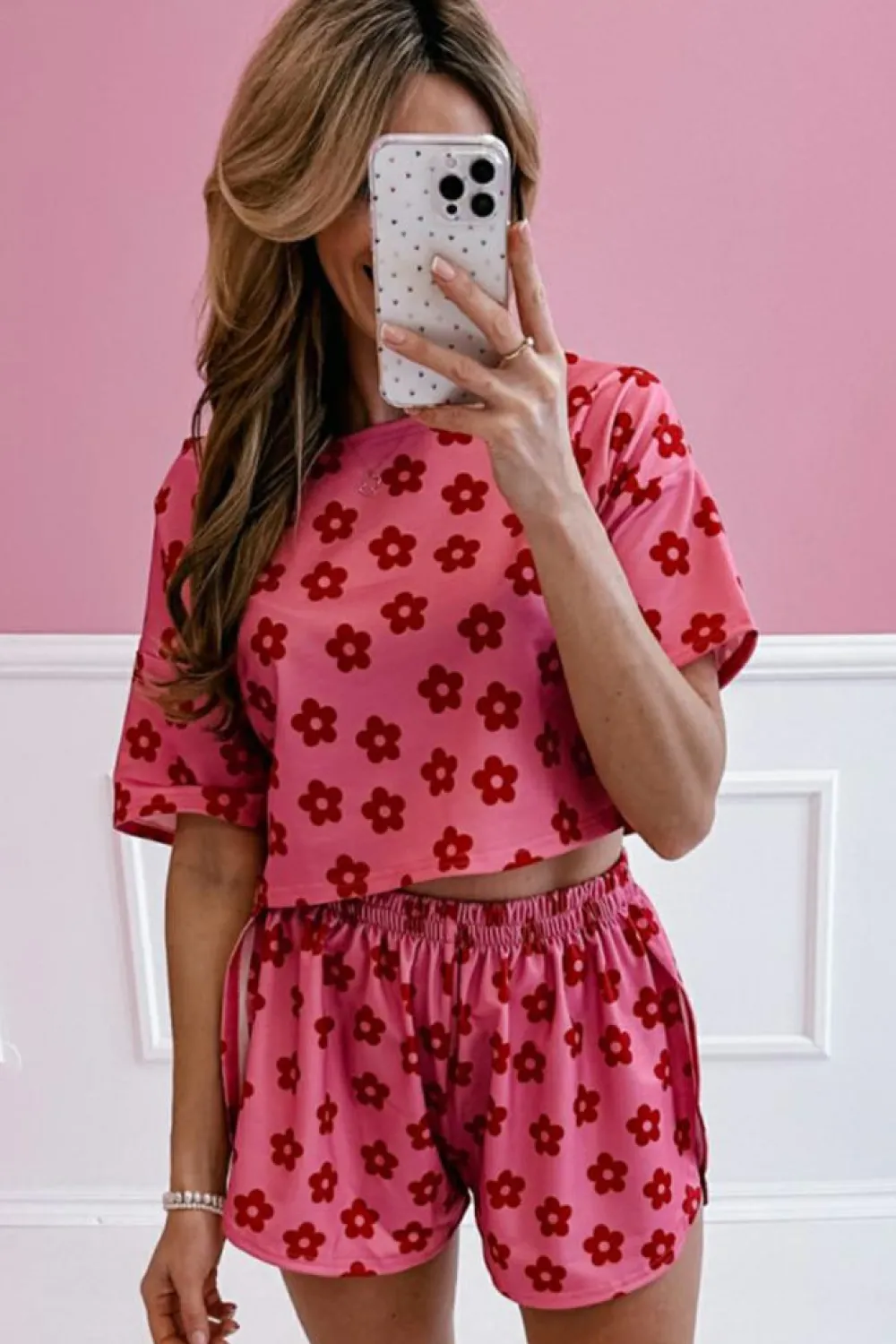 Fashion Dear-Lover Floral Print Crop Tee and Shorts Lounge Set Rose