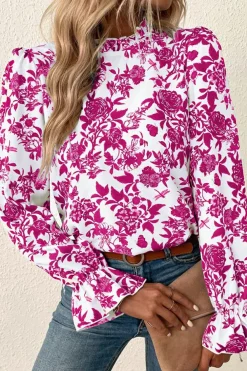 New Dear-Lover Floral Print Flounce Sleeve Keyhole Back Blouse Rose