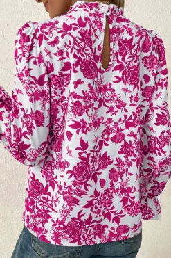 New Dear-Lover Floral Print Flounce Sleeve Keyhole Back Blouse Rose