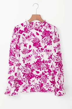 New Dear-Lover Floral Print Flounce Sleeve Keyhole Back Blouse Rose