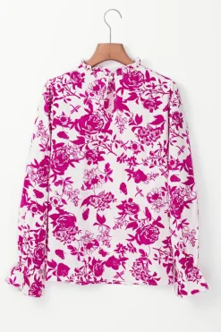 New Dear-Lover Floral Print Flounce Sleeve Keyhole Back Blouse Rose