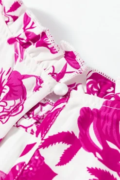 New Dear-Lover Floral Print Flounce Sleeve Keyhole Back Blouse Rose