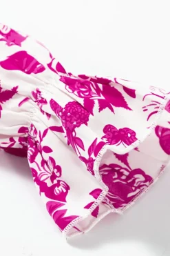 New Dear-Lover Floral Print Flounce Sleeve Keyhole Back Blouse Rose