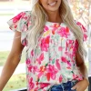 Fashion Dear-Lover Floral Print Flutter Sleeve Round Neck Casual Blouse Rose