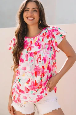 Fashion Dear-Lover Floral Print Flutter Sleeve Round Neck Casual Blouse Rose