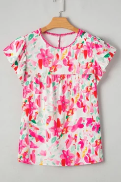 Fashion Dear-Lover Floral Print Flutter Sleeve Round Neck Casual Blouse Rose