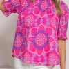 Hot Dear-Lover Floral Print Frilled Neck Smocked Puff Sleeve Blouse Rose
