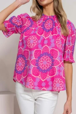 Hot Dear-Lover Floral Print Frilled Neck Smocked Puff Sleeve Blouse Rose