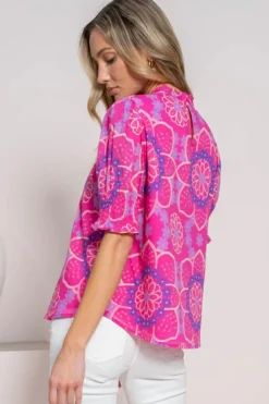 Hot Dear-Lover Floral Print Frilled Neck Smocked Puff Sleeve Blouse Rose