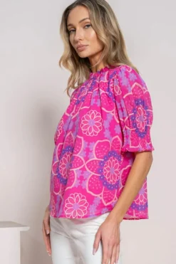 Hot Dear-Lover Floral Print Frilled Neck Smocked Puff Sleeve Blouse Rose