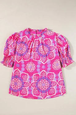 Hot Dear-Lover Floral Print Frilled Neck Smocked Puff Sleeve Blouse Rose