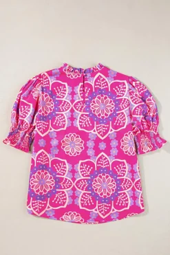 Hot Dear-Lover Floral Print Frilled Neck Smocked Puff Sleeve Blouse Rose