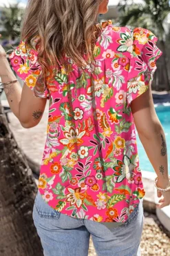 Clearance Dear-Lover Floral Print Pleated Ruffled Sleeve Summer Blouse Rose