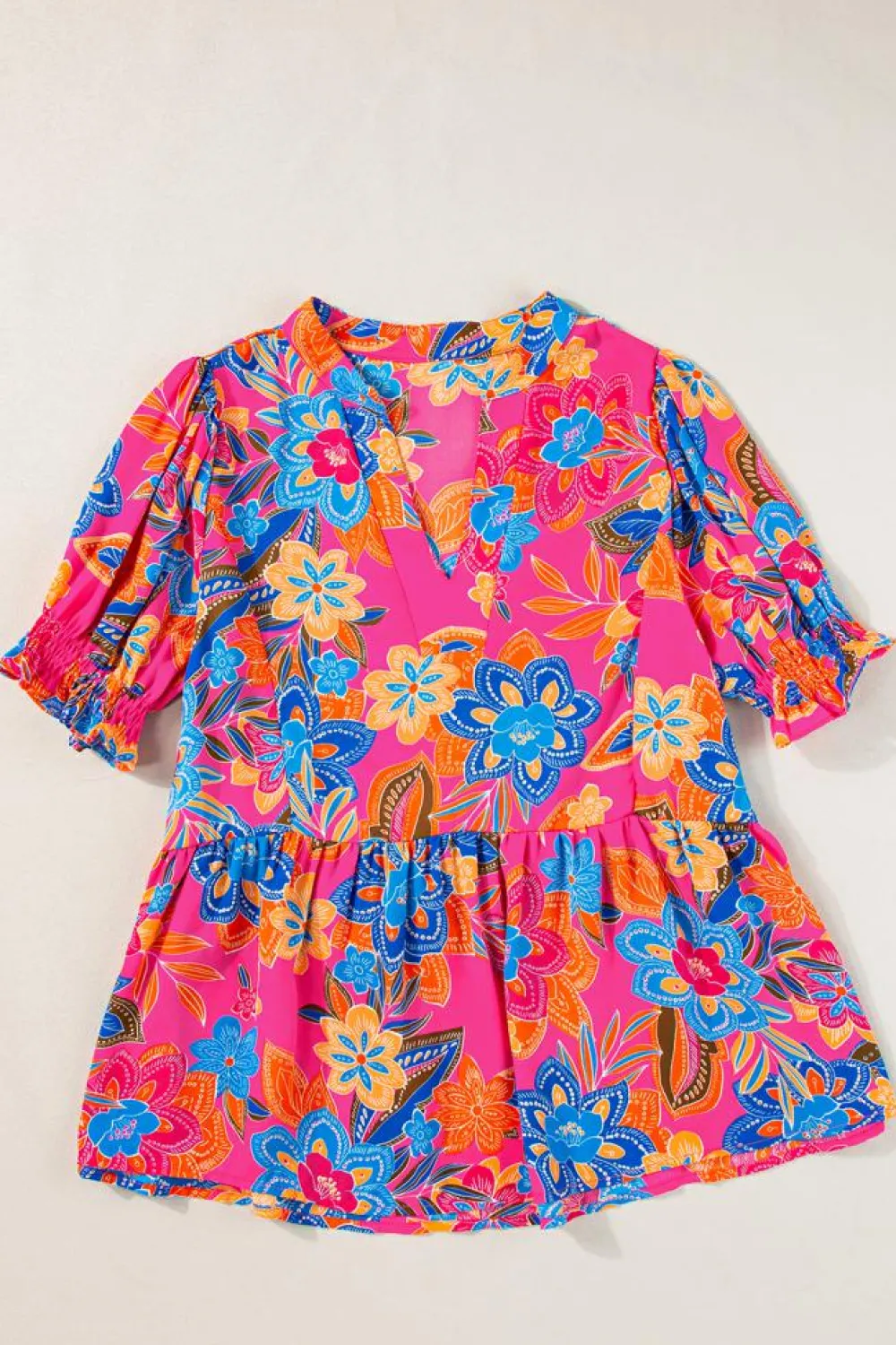 Best Dear-Lover Floral Print Puff Sleeve V Neck Blouse Rose