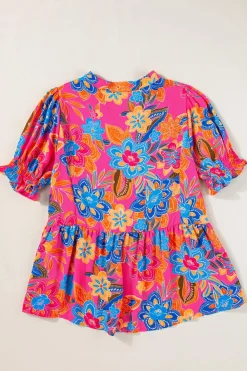 Best Dear-Lover Floral Print Puff Sleeve V Neck Blouse Rose