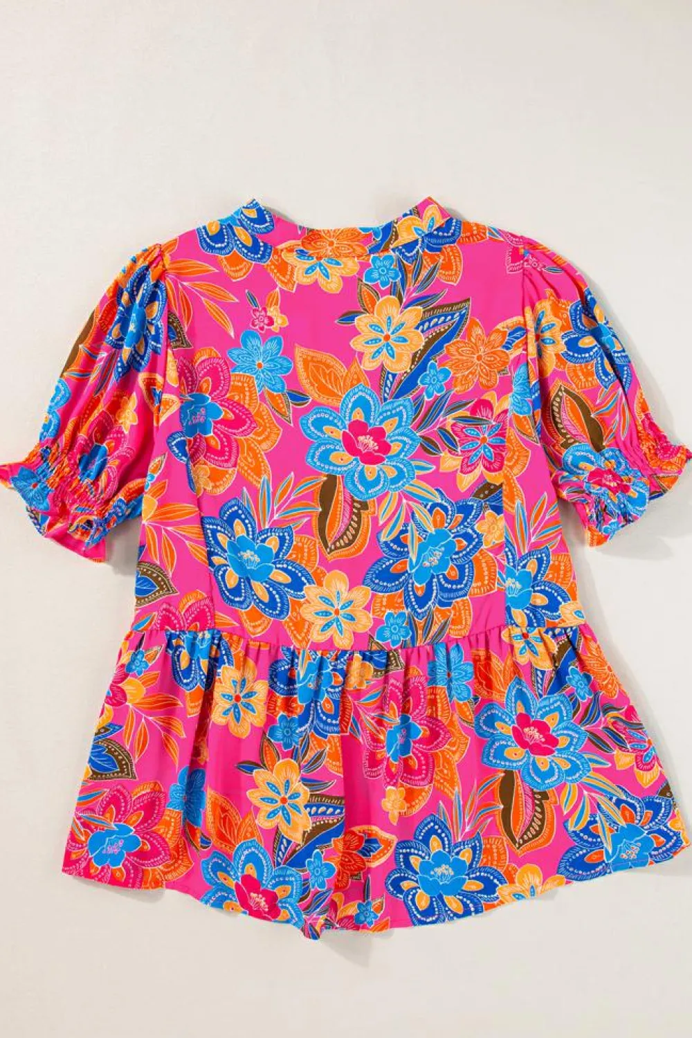 Best Dear-Lover Floral Print Puff Sleeve V Neck Blouse Rose