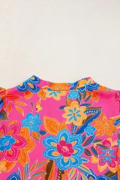 Best Dear-Lover Floral Print Puff Sleeve V Neck Blouse Rose