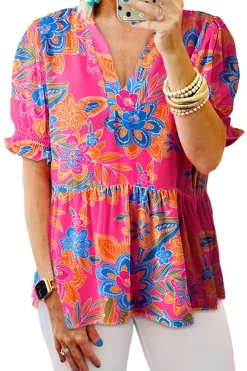 Best Dear-Lover Floral Print Puff Sleeve V Neck Blouse Rose