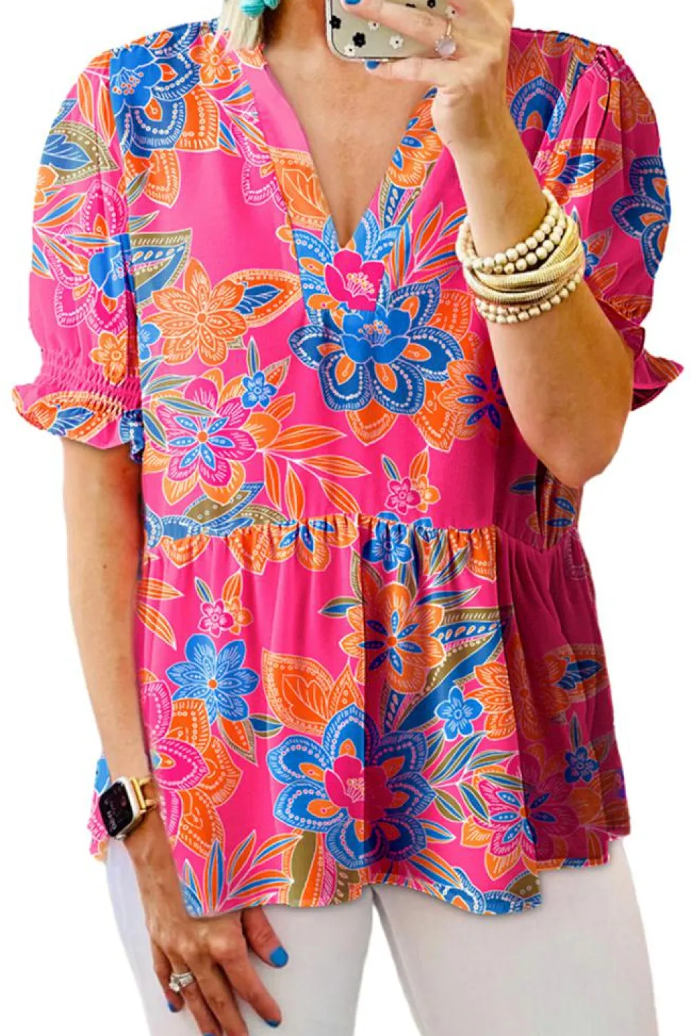 Best Dear-Lover Floral Print Puff Sleeve V Neck Blouse Rose
