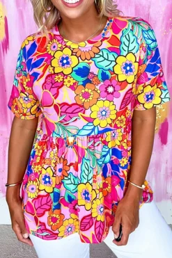 Discount Dear-Lover Floral Print Short Sleeve Pleated Babydoll Top Rose