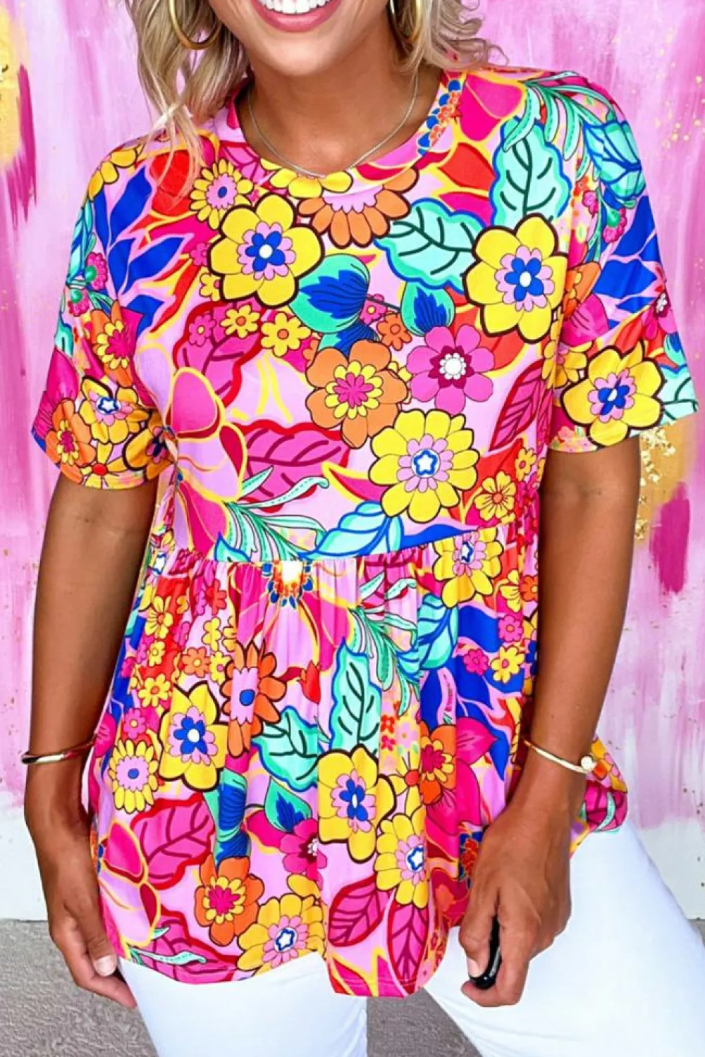 Discount Dear-Lover Floral Print Short Sleeve Pleated Babydoll Top Rose