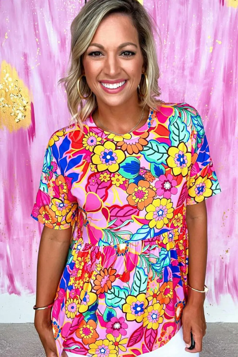 Discount Dear-Lover Floral Print Short Sleeve Pleated Babydoll Top Rose