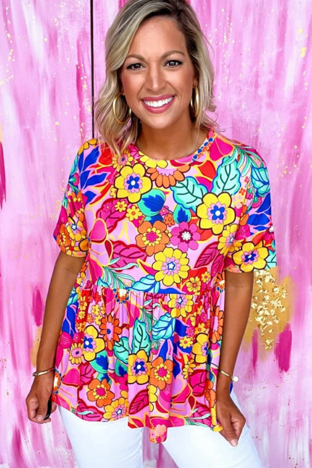 Discount Dear-Lover Floral Print Short Sleeve Pleated Babydoll Top Rose