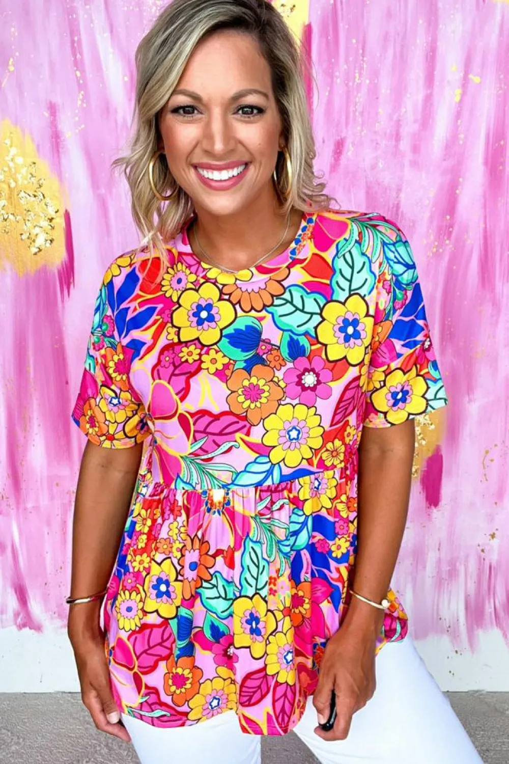 Discount Dear-Lover Floral Print Short Sleeve Pleated Babydoll Top Rose