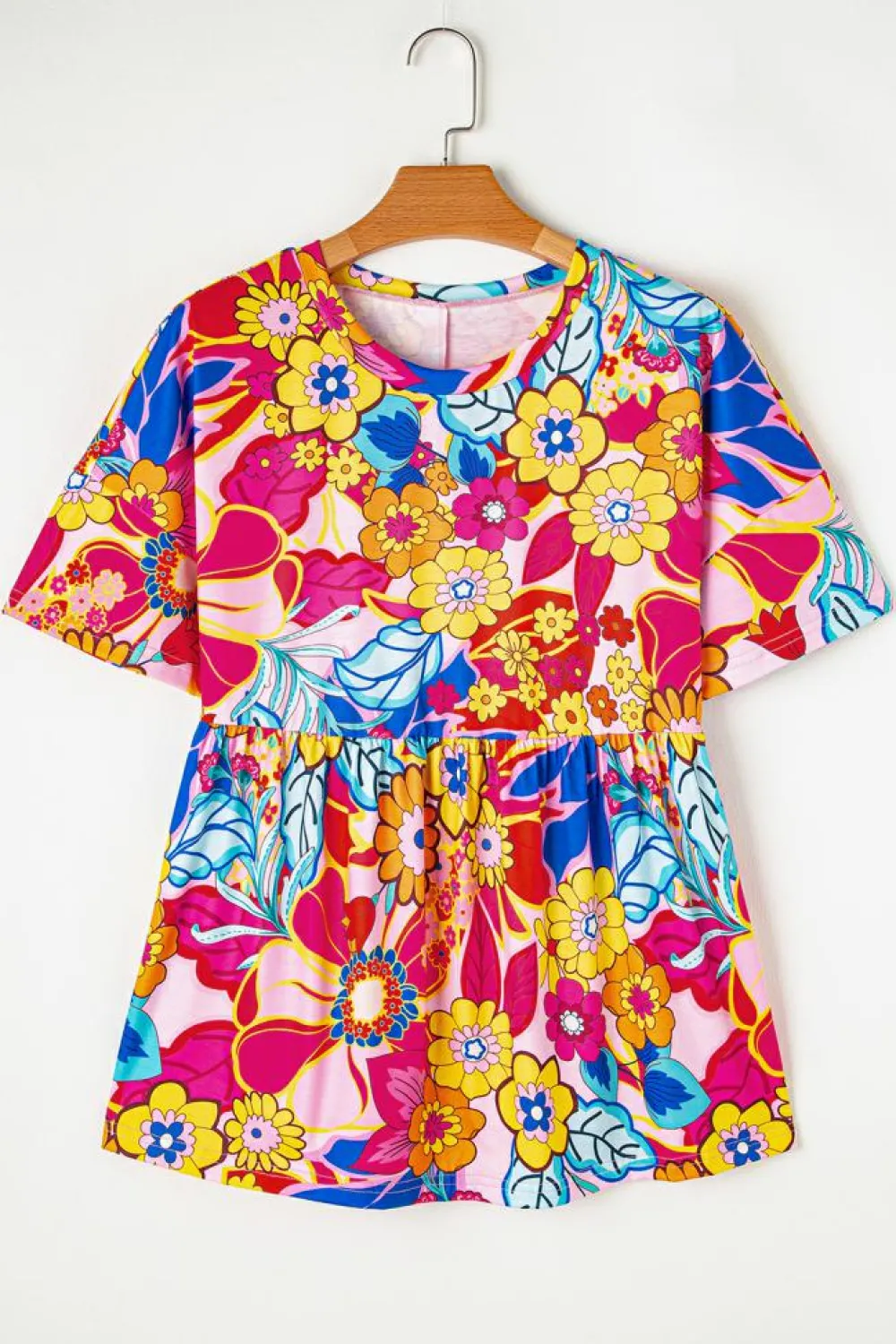 Discount Dear-Lover Floral Print Short Sleeve Pleated Babydoll Top Rose