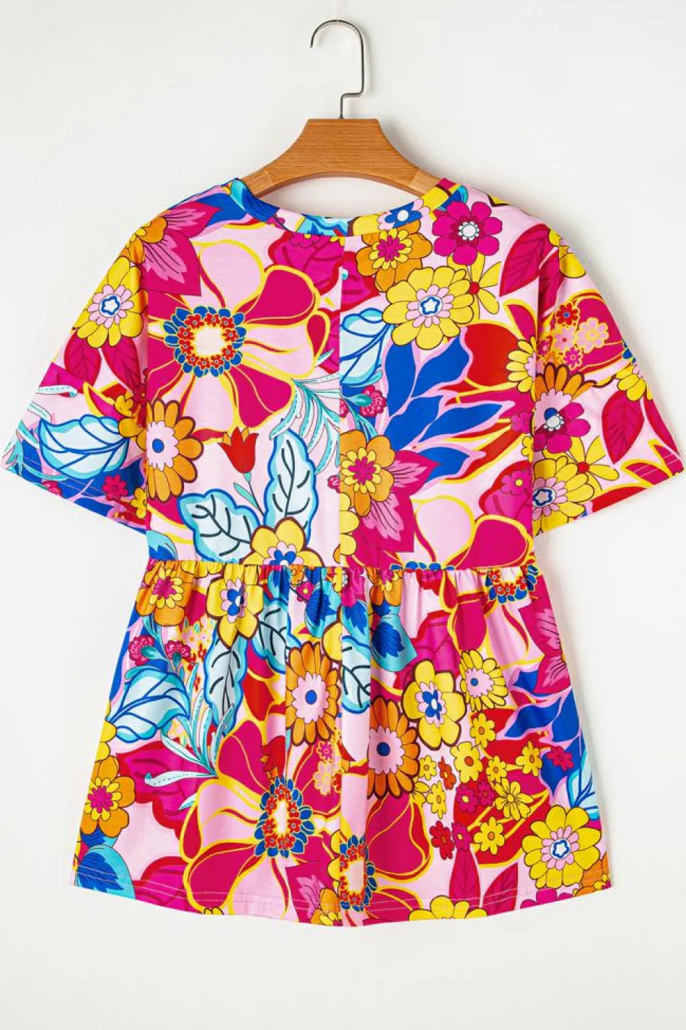 Discount Dear-Lover Floral Print Short Sleeve Pleated Babydoll Top Rose