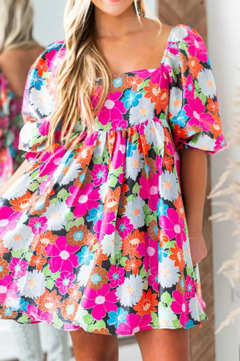 Sale Dear-Lover Floral Print Square Neck Short Puff Sleeve Dress Rose