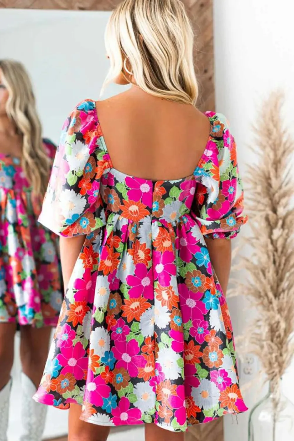 Sale Dear-Lover Floral Print Square Neck Short Puff Sleeve Dress Rose