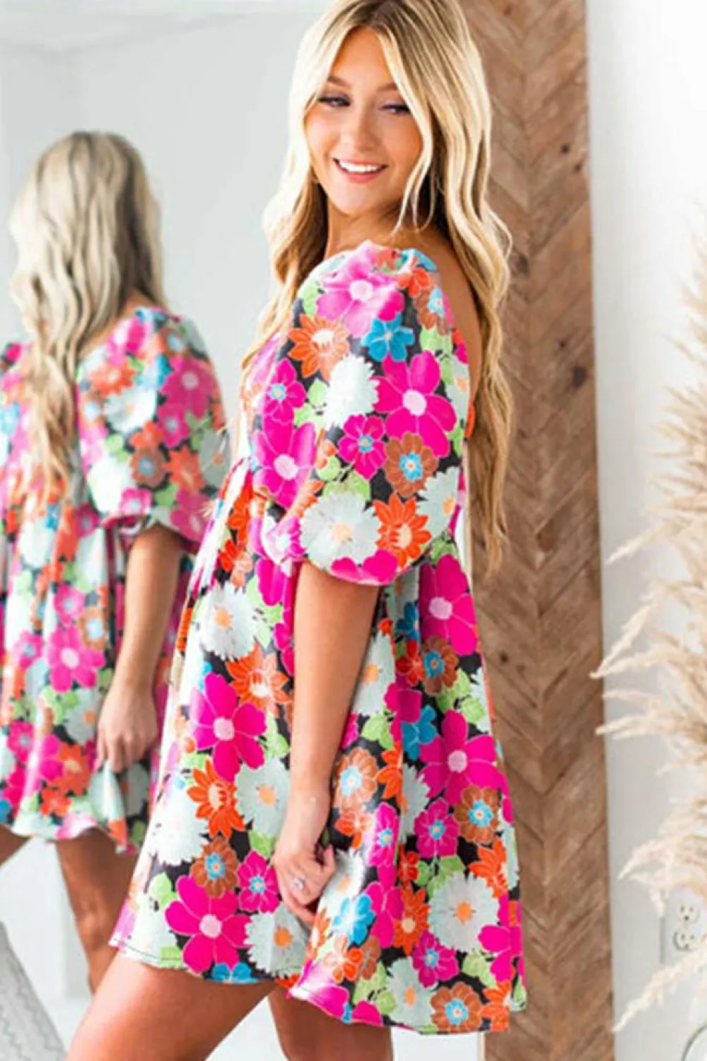 Sale Dear-Lover Floral Print Square Neck Short Puff Sleeve Dress Rose
