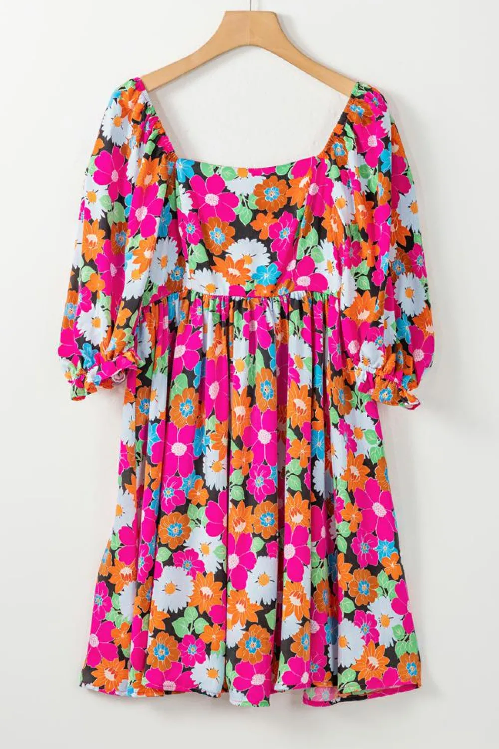 Sale Dear-Lover Floral Print Square Neck Short Puff Sleeve Dress Rose