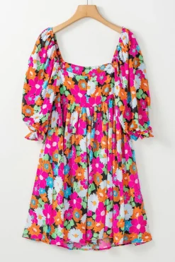 Sale Dear-Lover Floral Print Square Neck Short Puff Sleeve Dress Rose