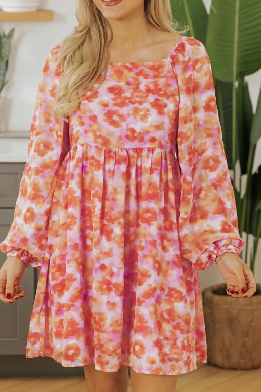 Fashion Dear-Lover Floral Print Square Neck High Waist Mini Dress Rose