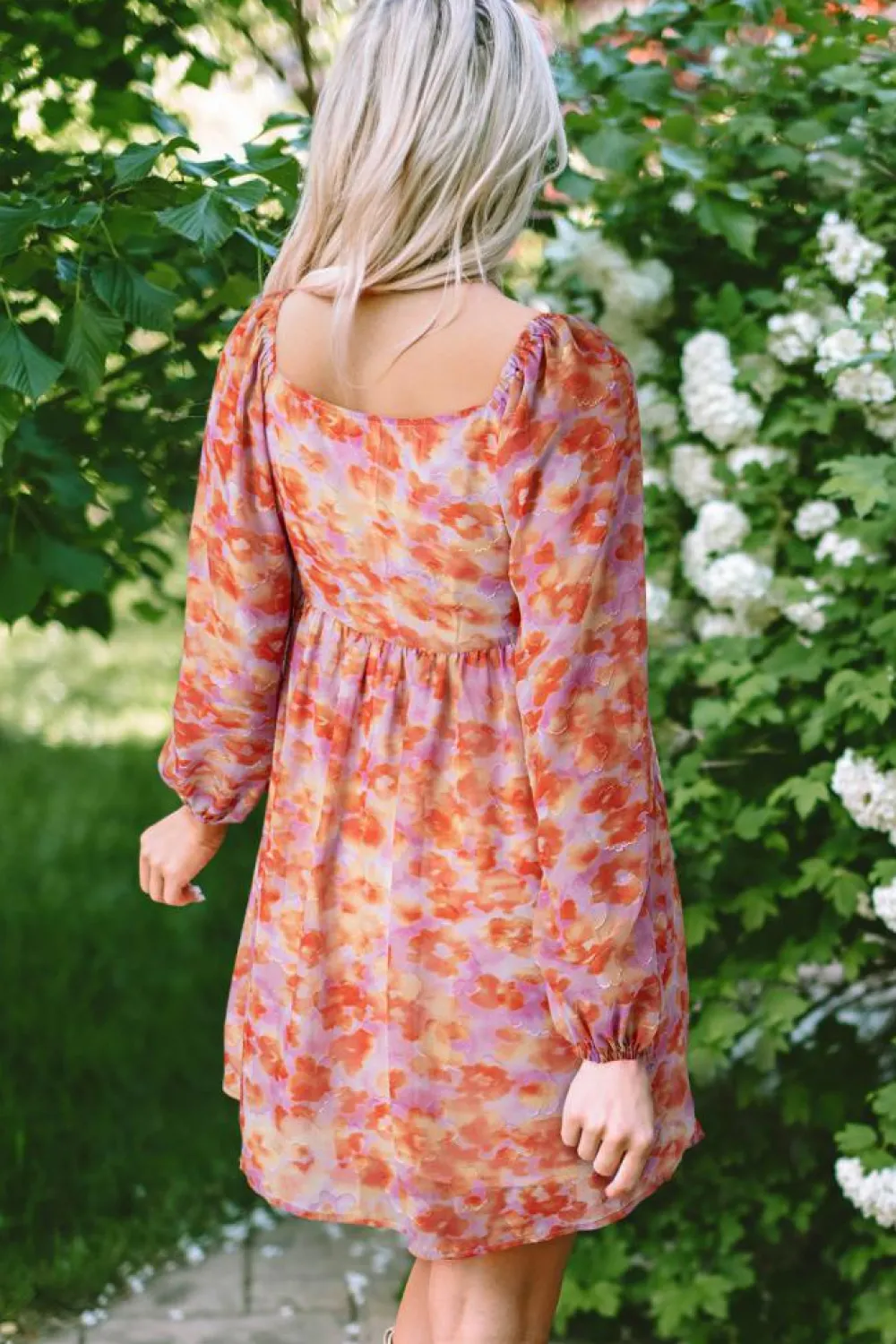 Fashion Dear-Lover Floral Print Square Neck High Waist Mini Dress Rose