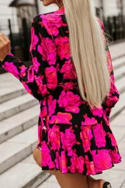 Online Dear-Lover Floral Print V Neck Wrap Bishop Sleeve Ruffle Tiered Mini Dress Rose