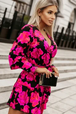 Online Dear-Lover Floral Print V Neck Wrap Bishop Sleeve Ruffle Tiered Mini Dress Rose