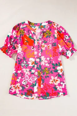 Clearance Dear-Lover Floral Printed Split V Neck Puff Sleeve Blouse Rose