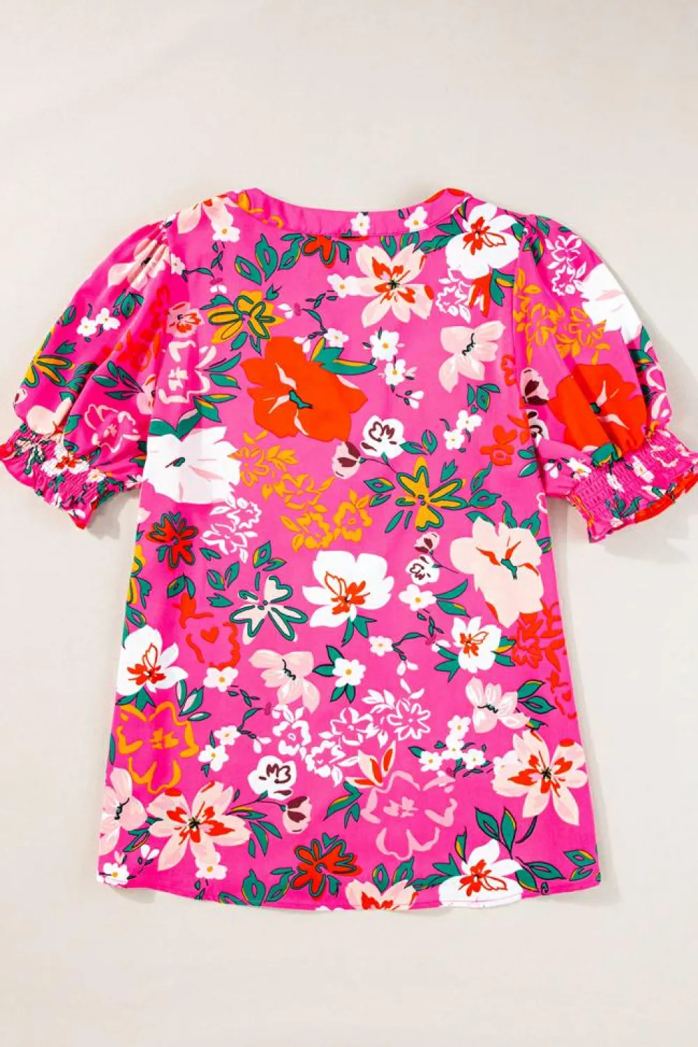 Clearance Dear-Lover Floral Printed Split V Neck Puff Sleeve Blouse Rose