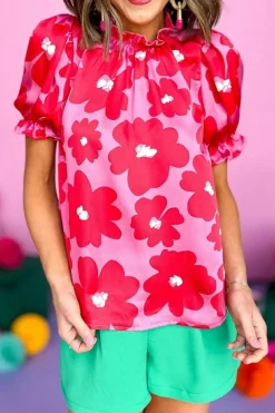 Hot Dear-Lover Floral Puff Sleeve Frill Neckline Blouse Rose