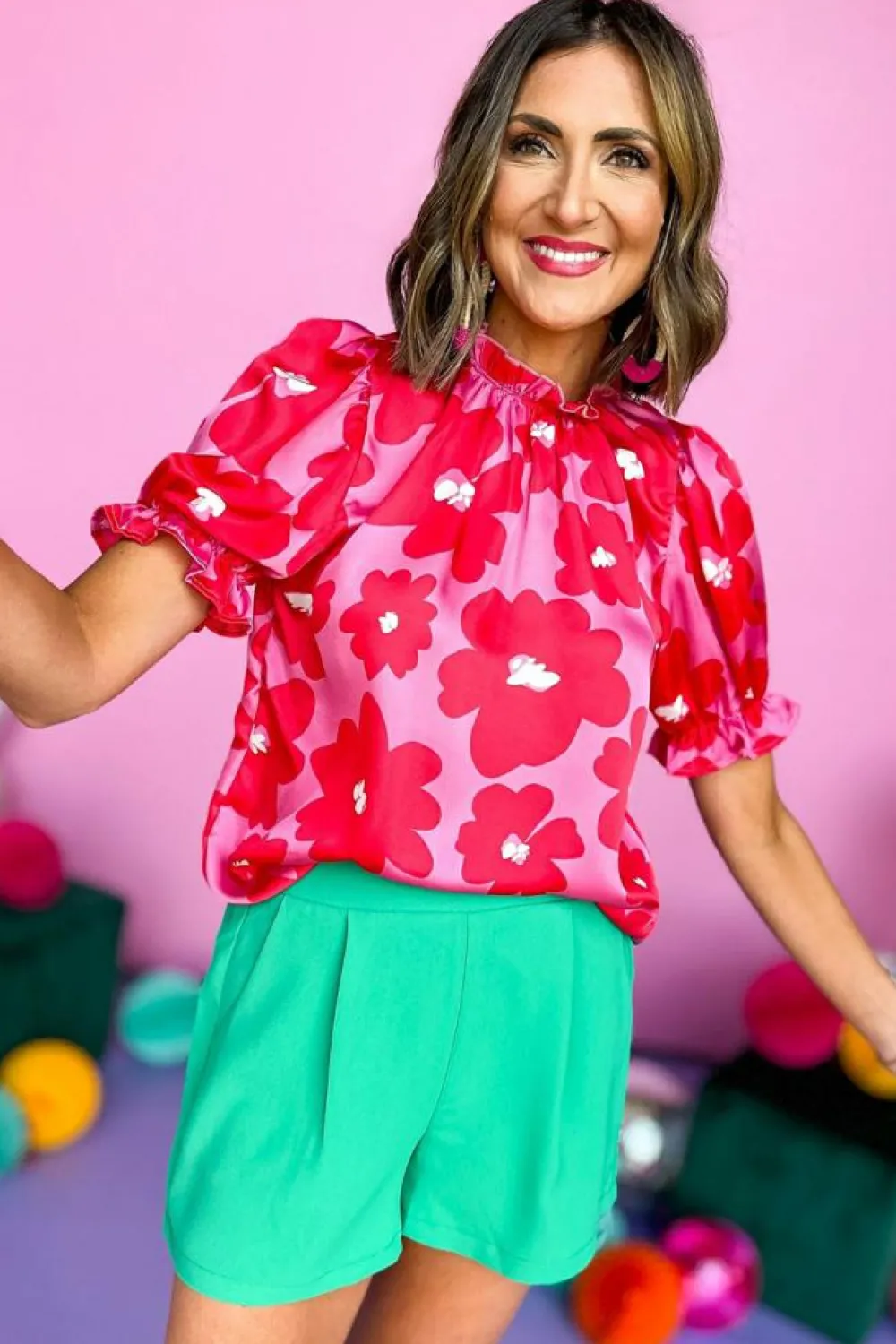 Hot Dear-Lover Floral Puff Sleeve Frill Neckline Blouse Rose